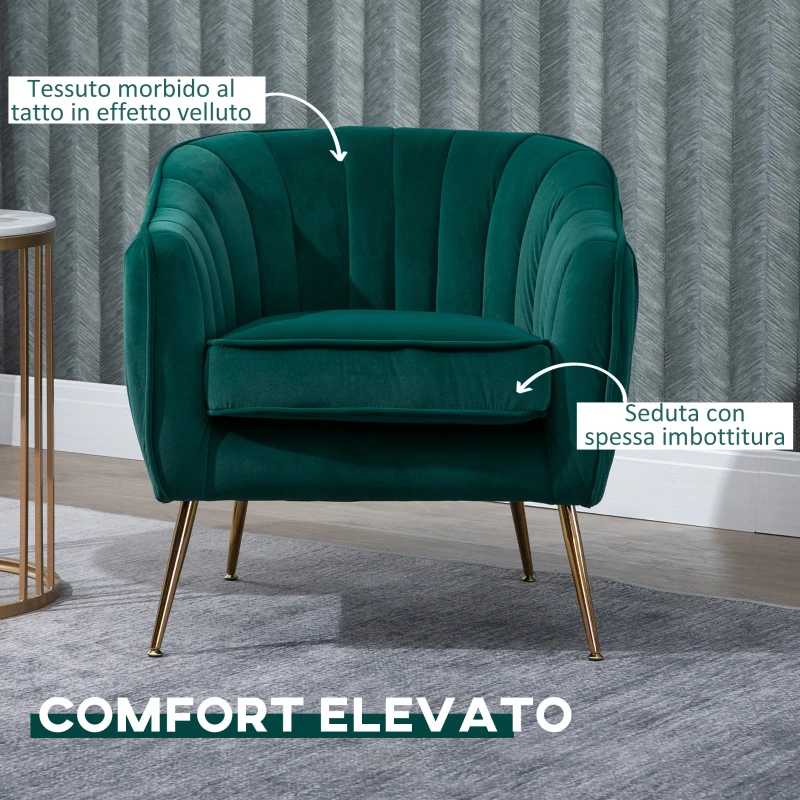 HOMCOM Poltrona da Salotto Imbottita con Braccioli e Schienale, Design Moderno, Gambe in Metallo, 71x72x73 cm, Verde