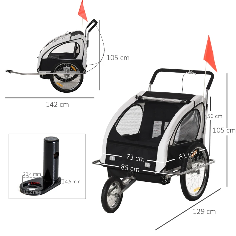 HOMCOM Kinderanhänger Fahrradanhänger Kinder Radanhänger für 2 Kinder mit Fahne Regenschutz atmungsaktiv Weiß-Schwarz Stahl 142 x 85 x 105 cm