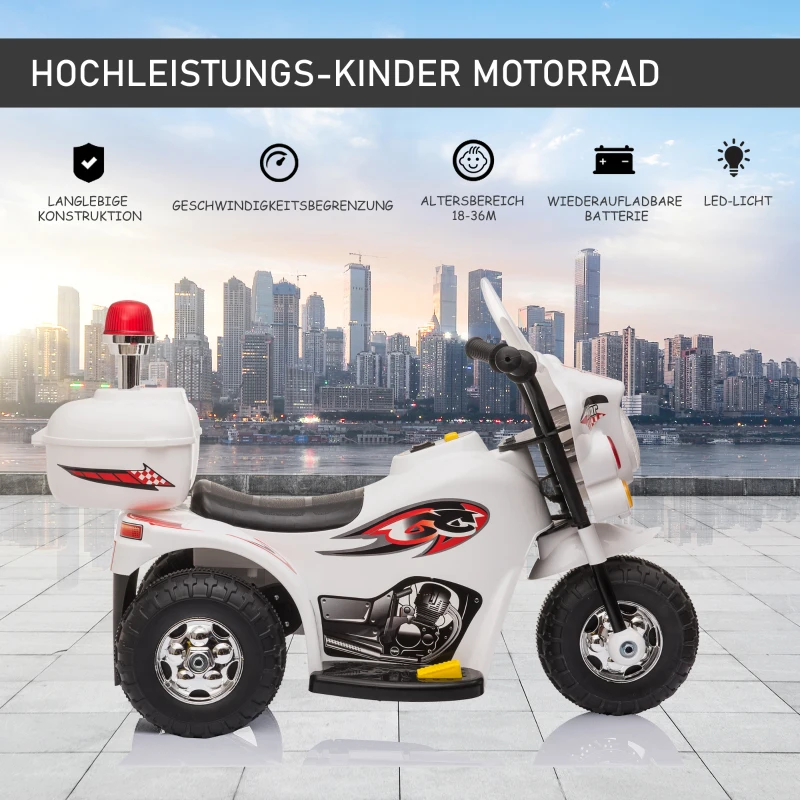 HOMCOM Elektro Kindermotorrad Kinderfahrzeug Elektrofahrzeug mit Musik und Beleuchtung 18-36 Monate Stahl Weiß 80x35x52 cm