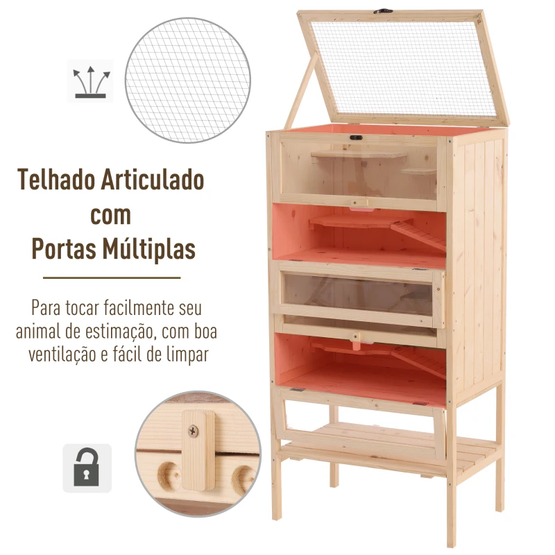 PawHut Gaiola de madeira para hamsters e outros pequenos roedores 60x40x120cm Madeira natural