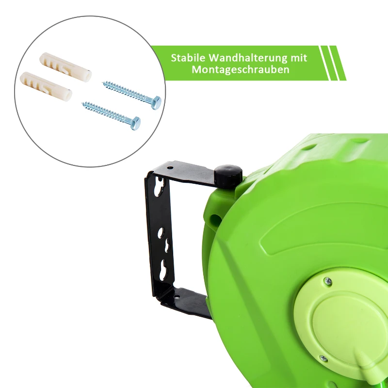Outsunny Automatische Slanghaspel 10+1m met 180° Draaibare Wandmontage voor Gemakkelijke Tuinbewatering - Groen