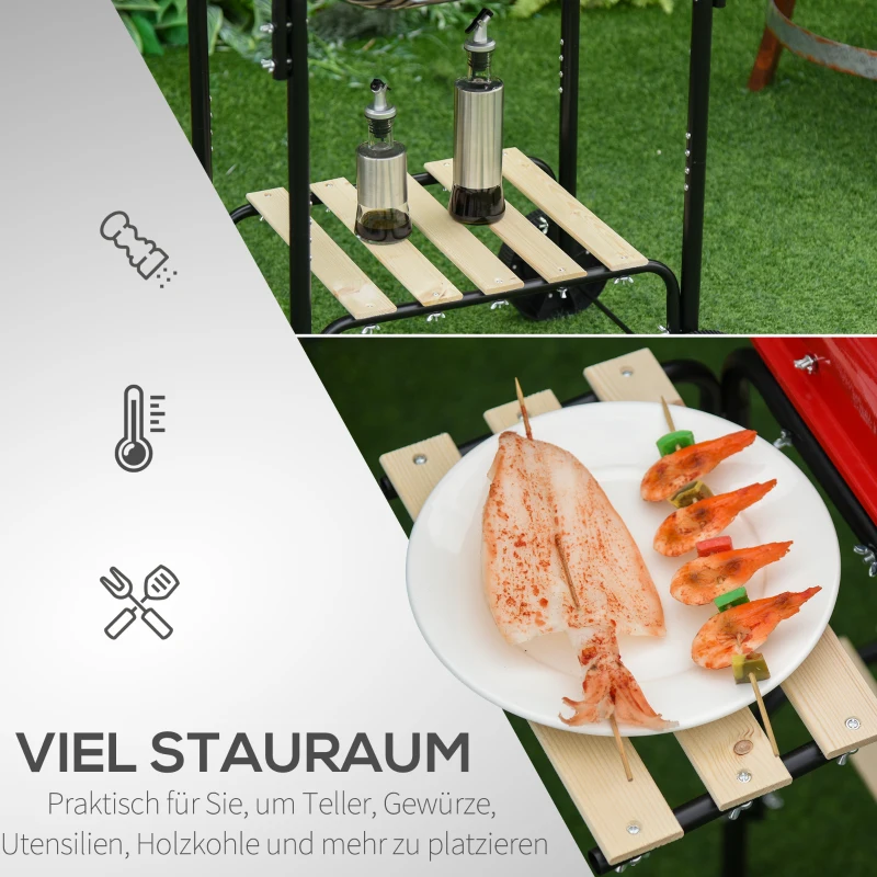 Outsunny Houtskoolgrill grillwagen grillstation staande grill grill met windbescherming 3x plank