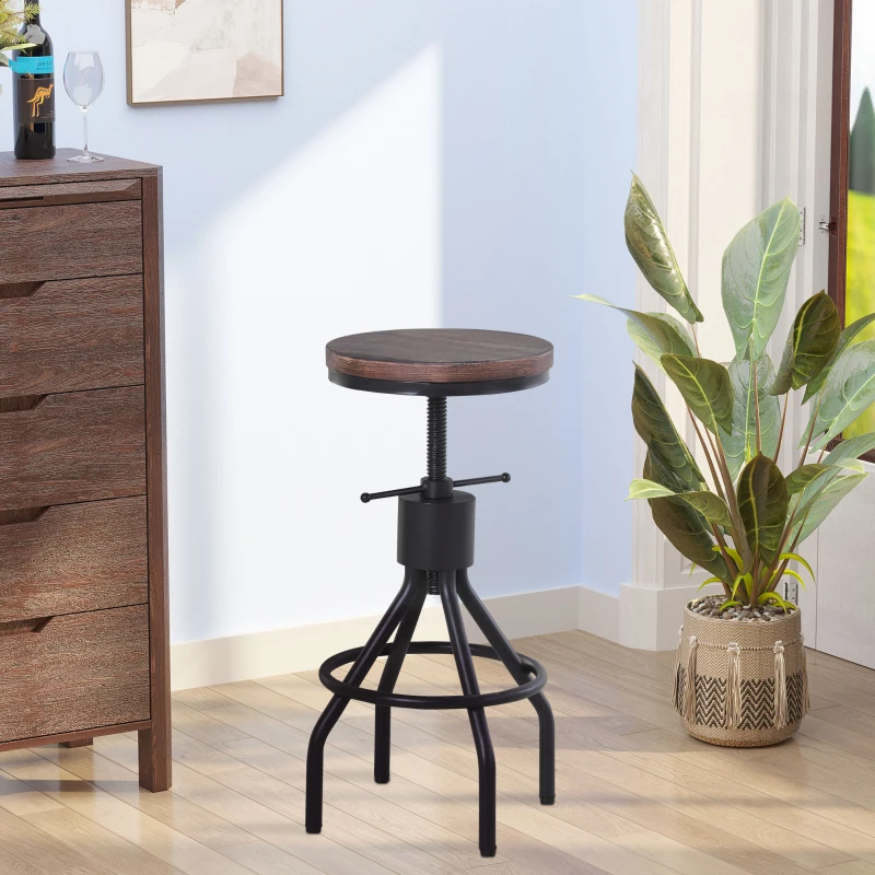 HOMCOM Sgabello da Bar Stile Industriale, Seduta in Legno e Altezza Regolabile, Sgabello Cucina con Struttura in Metallo, 40x40x59-74cm, Marrone e Nero