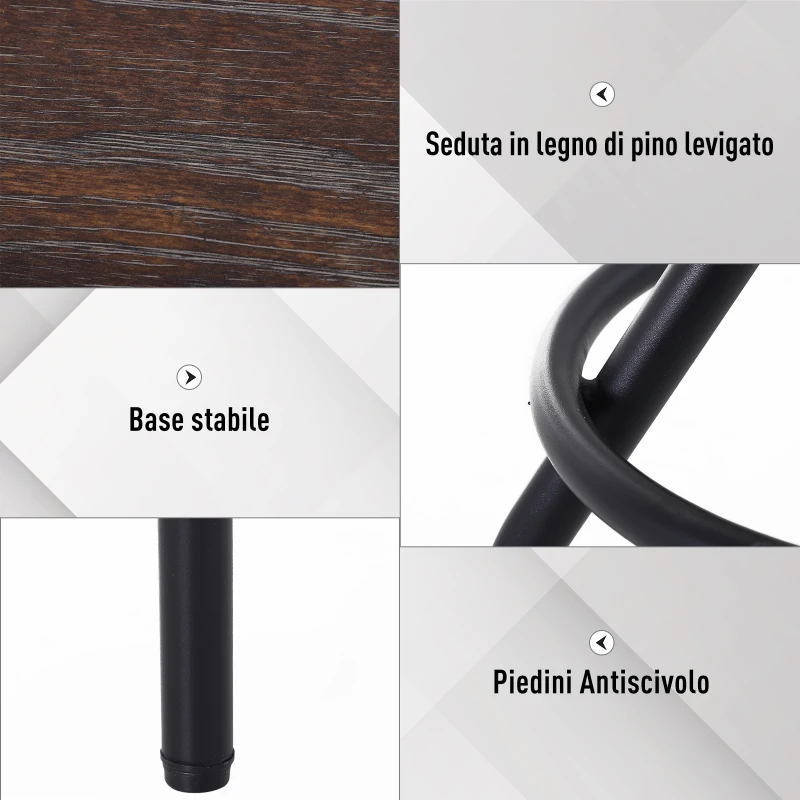 HOMCOM Sgabello da Bar Stile Industriale, Seduta in Legno e Altezza Regolabile, Sgabello Cucina con Struttura in Metallo, 40x40x59-74cm, Marrone e Nero