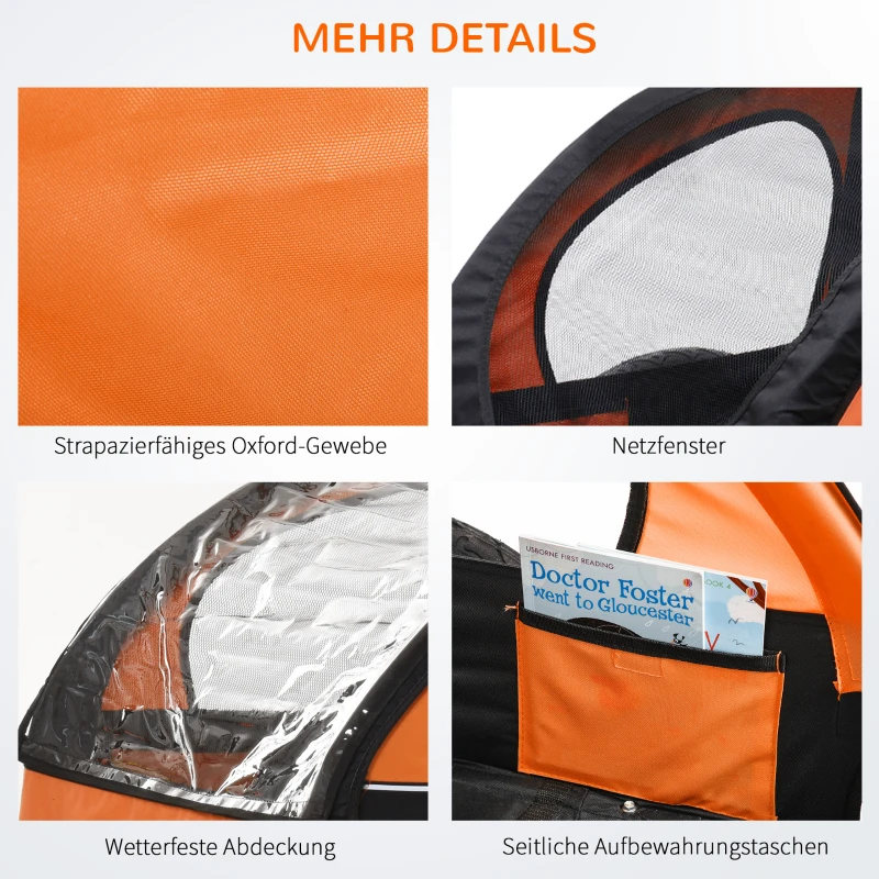 HOMCOM Kinderanhänger Fahrradanhänger Kinder Radanhänger für 2 Kinder mit Fahne Regenschutz atmungsaktiv Schwarz+Orange Stahl 142 x 85 x 105 cm