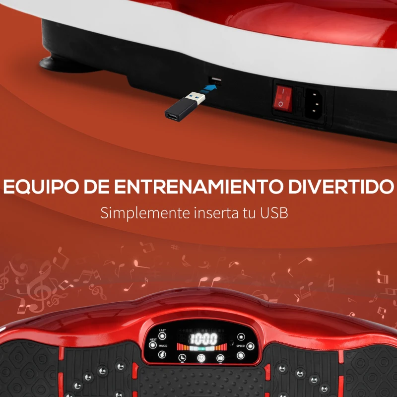 HOMCOM Plataforma Vibratoria con Pantalla LED Velocidad Ajustable USB Mando a Distancia y Banda Elástica 78x45x13 cm Negro y Rojo