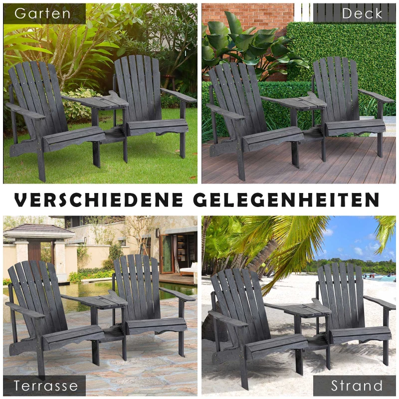 Outsunny Adirondack tuinstoel met parasolgat tafel 2-zits massief hout grijs
