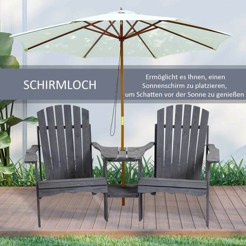 Outsunny Adirondack tuinstoel met parasolgat tafel 2-zits massief hout grijs