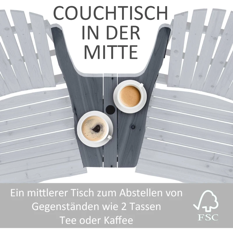 Outsunny Adirondack tuinstoel met parasolgat tafel 2-zits massief hout grijs