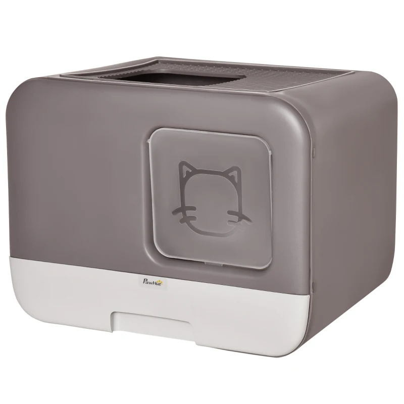 PawHut Caja de Arena para Gatos Arenero Cerrado para Gatos con Entrada Delantera Salida Superior Bandeja Extraíble y Pala 53x40x40 cm Gris Morado