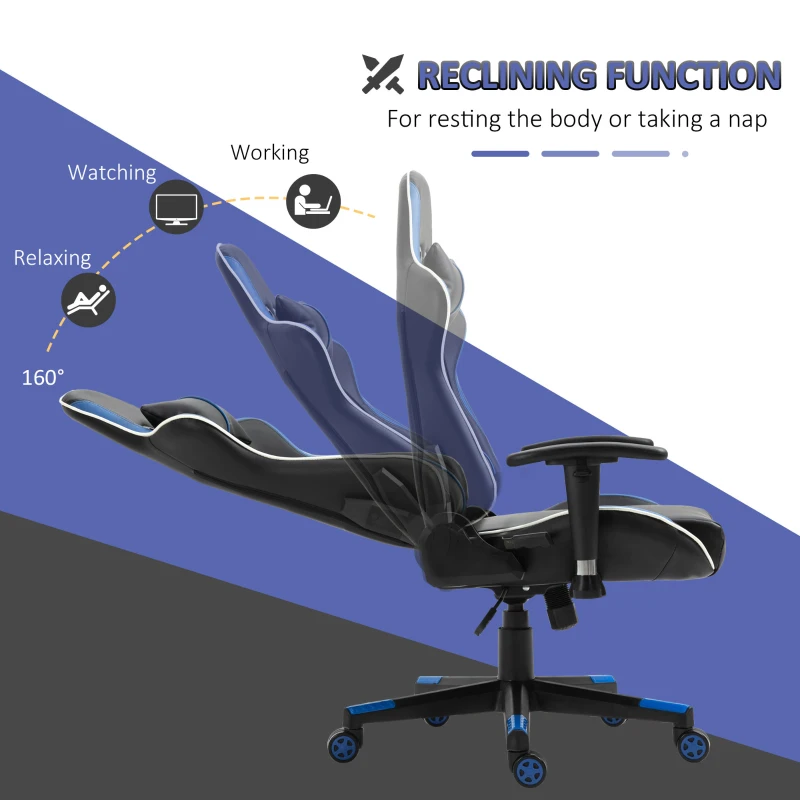 Vinsetto Professional Gaming Chair Height Adjustable Reclining Chair w/ Lumbar Support and Headrest, Blue