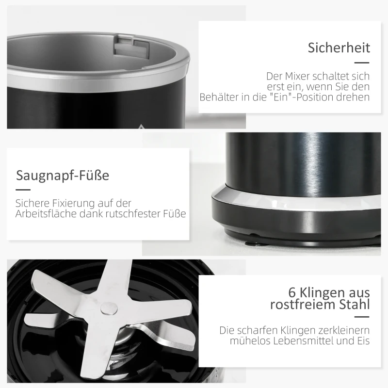 HOMCOM Standmixer mit 4-in-1 Funktion 1000W Küchenmixer mit 0,7L und 0,35L Mixbecher für Eis, Obst und Gemüse Spülmaschinefest Aluminium Schwarz 13,5 x 13,5 x 37,5 cm