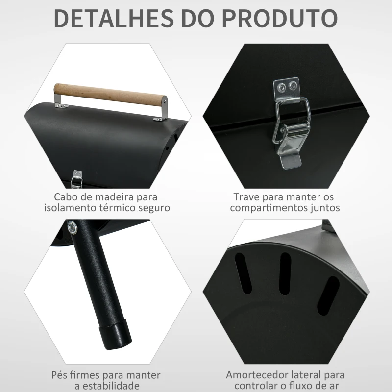 Outsunny Churrasqueira portátil a carvão com 2 grelhadores puxador e fechadura para Picnic Camping 42x26x42 cm Preto