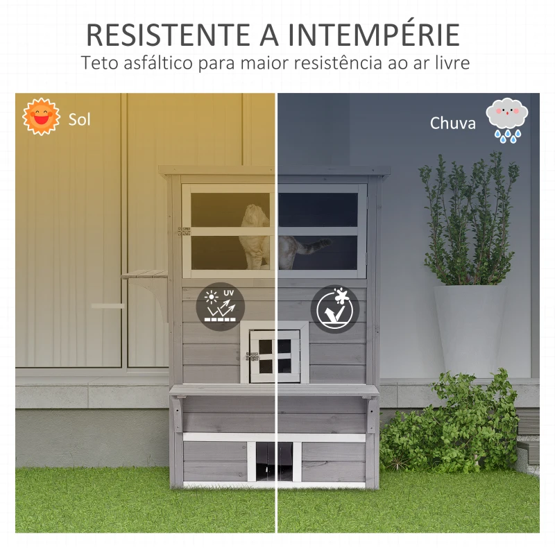 PawHut Casa para Gatos de Madeira Exterior Casa Grande para Gatos de 3 Andares com Múltiplas Entradas Janelas e 2 Plataformas para Terraço Balcão Jardim 98x68,5x122cm Cinza