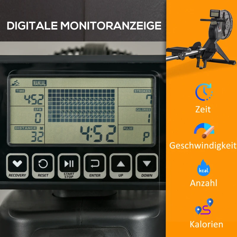 HOMCOM Wioślarz z 16 Poziomami Oporności, Składany, na Kółkach, 225 x 55 x 88cm, Stal, Czarny