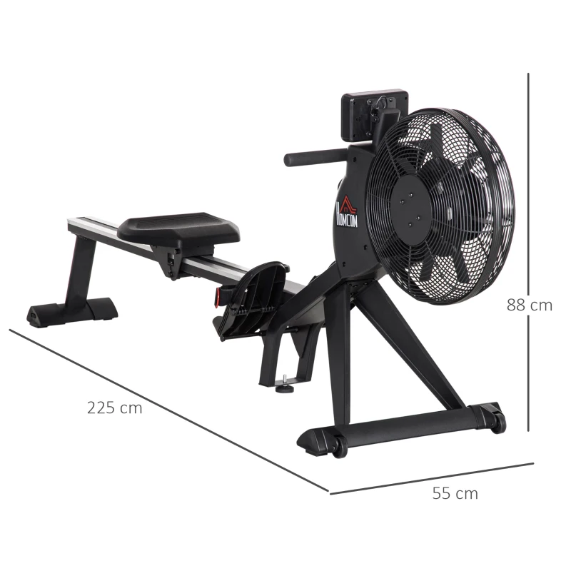 HOMCOM Wioślarz z 16 Poziomami Oporności, Składany, na Kółkach, 225 x 55 x 88cm, Stal, Czarny