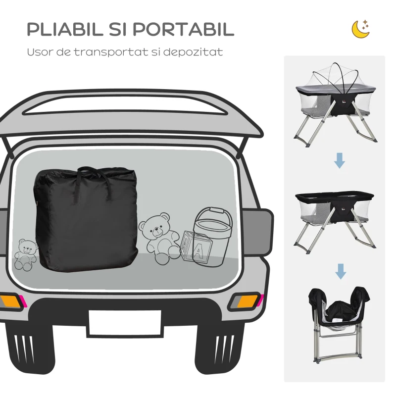 HOMCOM Cusuta portabila , leagan balansoar, patut de calatorie pliabil usor, reglabil pe inaltime, pentru nou-nascut, cu saltea, plasa de tantari si geanta de calatorie