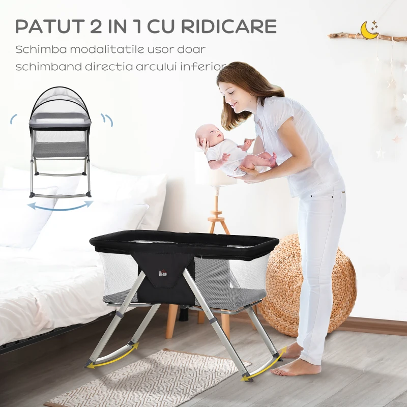 HOMCOM Cusuta portabila , leagan balansoar, patut de calatorie pliabil usor, reglabil pe inaltime, pentru nou-nascut, cu saltea, plasa de tantari si geanta de calatorie