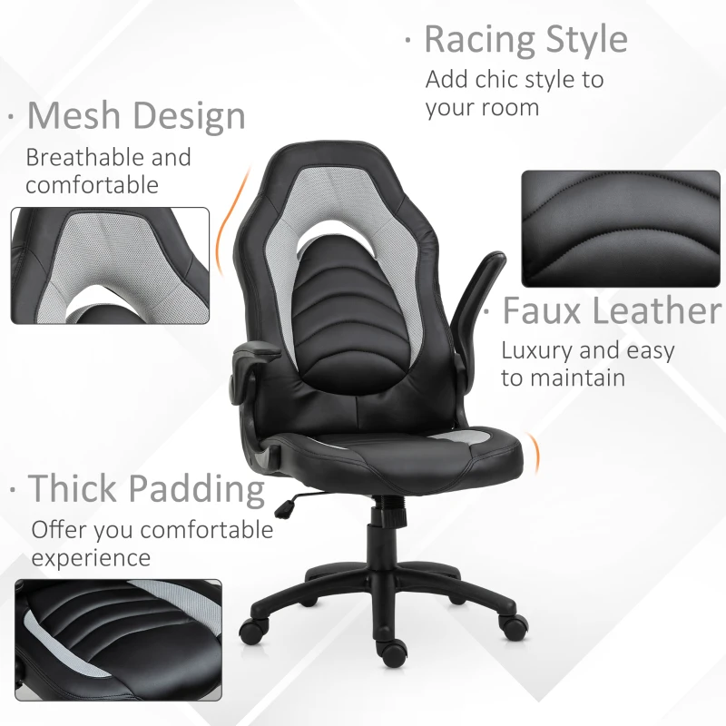 Vinsetto Racing Style Office Chair Faux Leather Breathable Mesh Adjustable Height Recliner with Wheels, Liftable Armrest, Grey