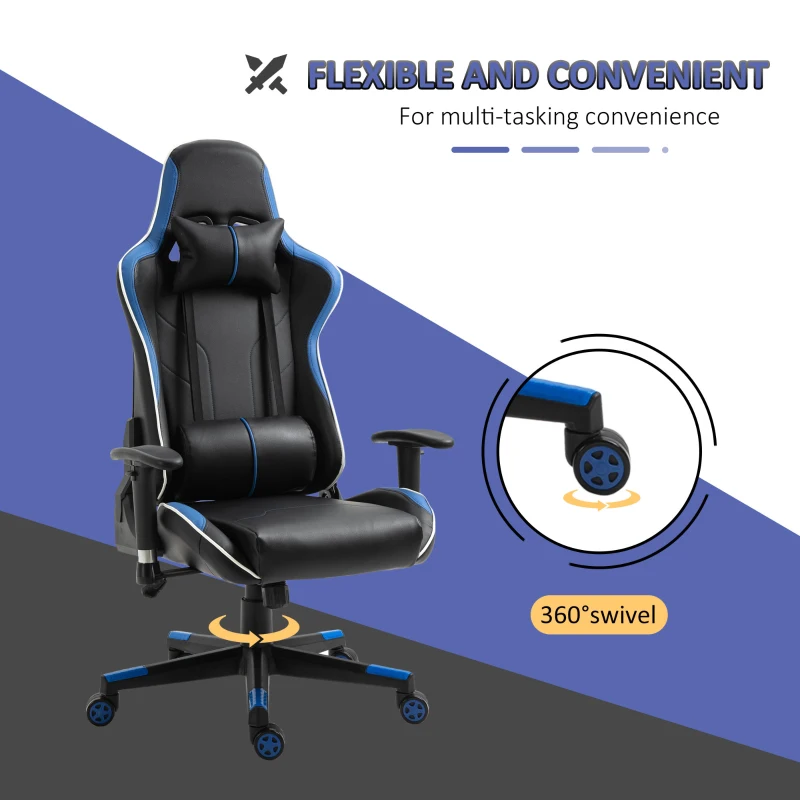 Vinsetto Professional Gaming Chair Height Adjustable Reclining Chair w/ Lumbar Support and Headrest, Blue