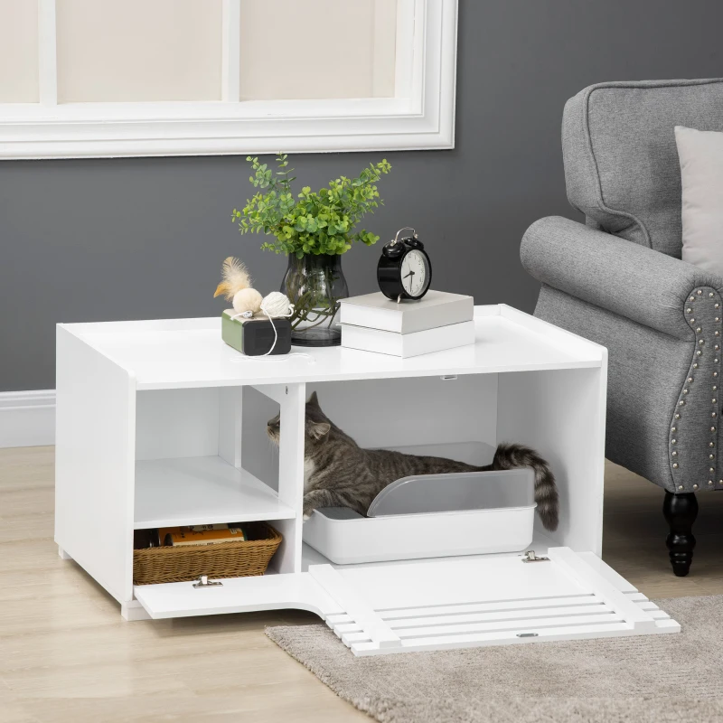 PawHut Kattenbak Kast met 2 Planken en Magnetische Deur, 2-in-1 Ontwerp, Wit