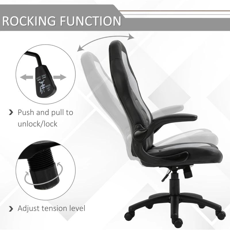 Vinsetto Racing Style Office Chair Faux Leather Breathable Mesh Adjustable Height Recliner with Wheels, Liftable Armrest, Grey