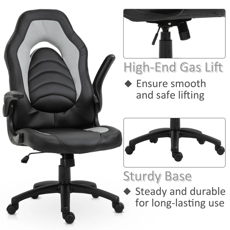 Vinsetto Racing Style Office Chair Faux Leather Breathable Mesh Adjustable Height Recliner with Wheels, Liftable Armrest, Grey