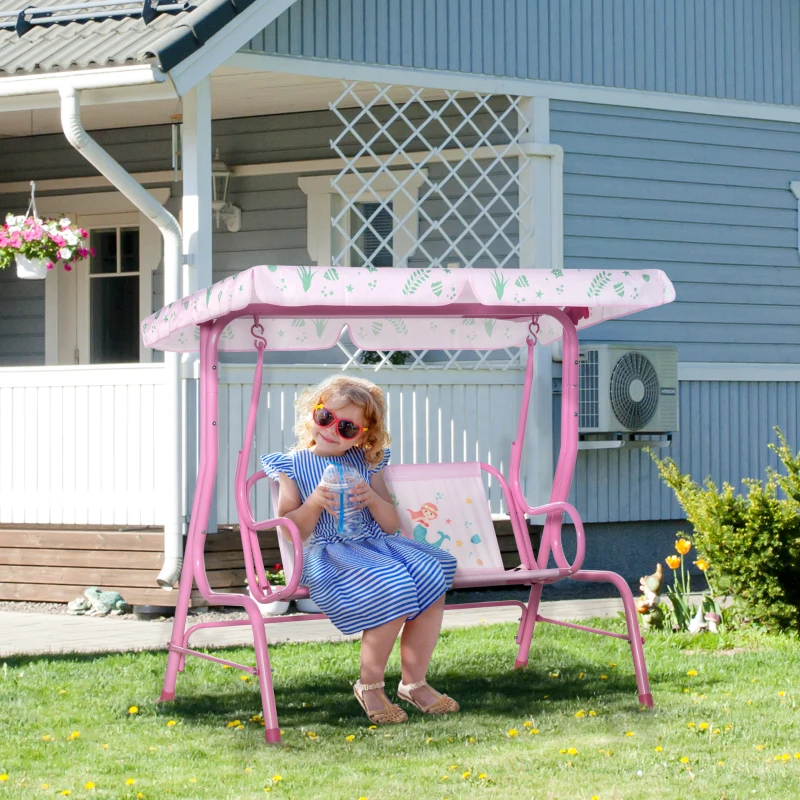 Outsunny kinderhangmat 2-zits kinderschommel met dak metaal roze