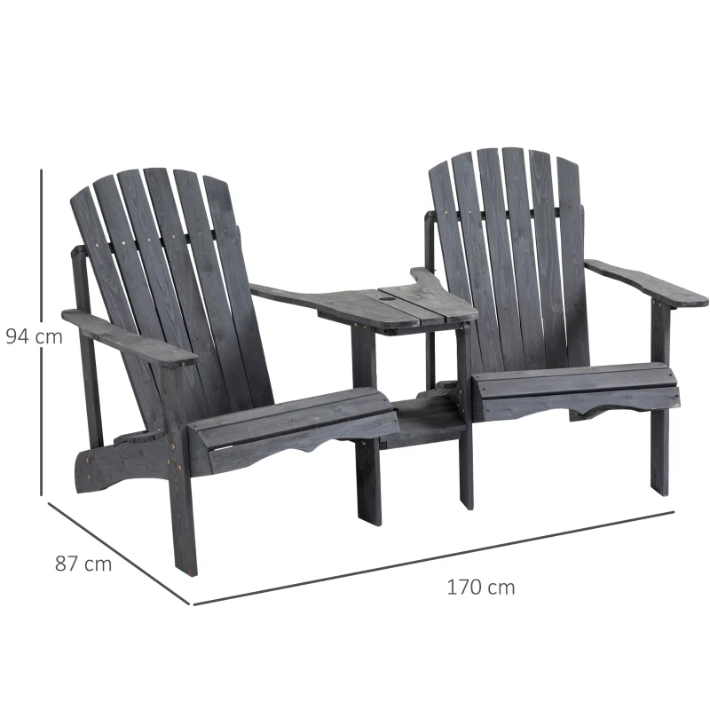 Outsunny Adirondack tuinstoel met parasolgat tafel 2-zits massief hout grijs