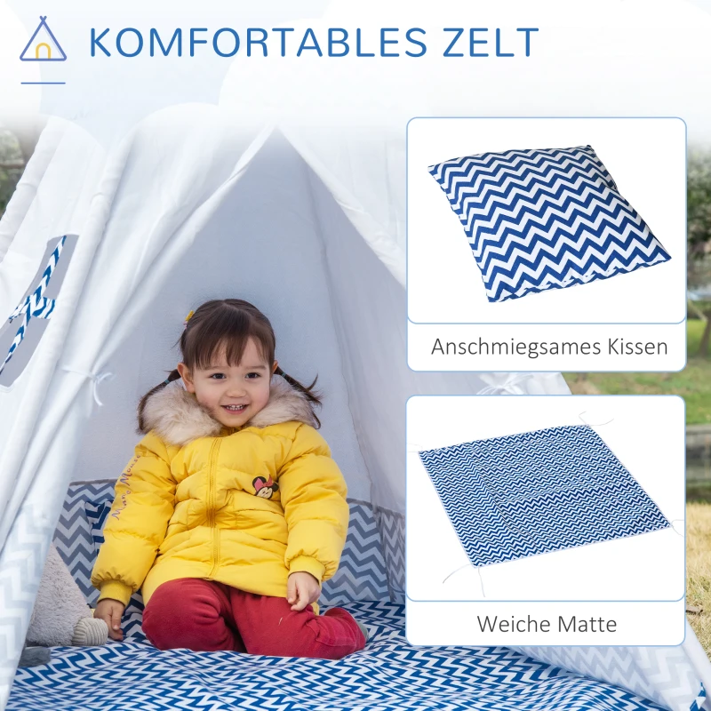HOMCOM kinder tipi tipi tent kinder speeltent speel tipi met kussens wit