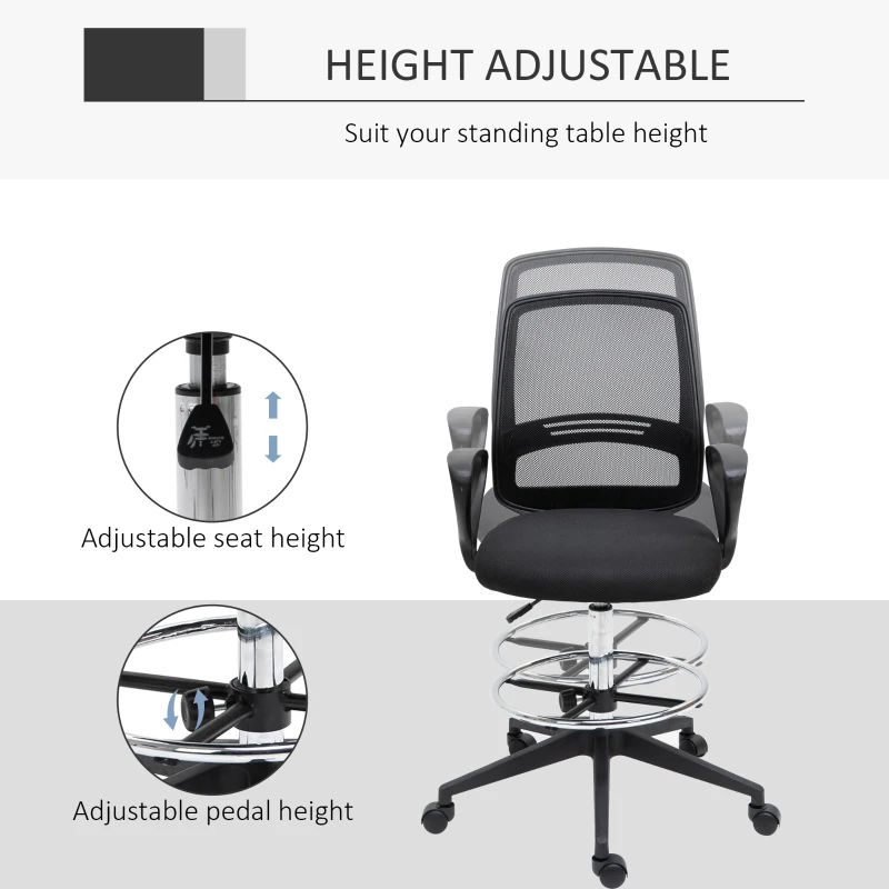 Vinsetto Drafting Chair, Draughtsman Chair, Mesh Tall Office Chair with Adjustable Height, Foot Ring, Swivel Wheels
