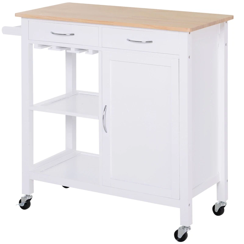 HOMCOM Carrinho de Cozinha Multiusos Carrinho Auxiliar com Rodas Prateleiras Armário e Gavetas para Cozinha 88,5x40x86cm Branco e Madeira Natural