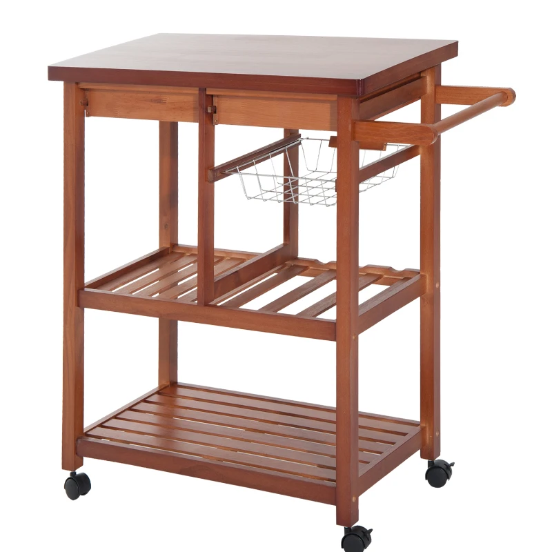 HOMCOM Carrinho de Cozinha de Madeira natural Madeira Metal 4 Rodas Gaveta Garrafeira  85x37x85 cm