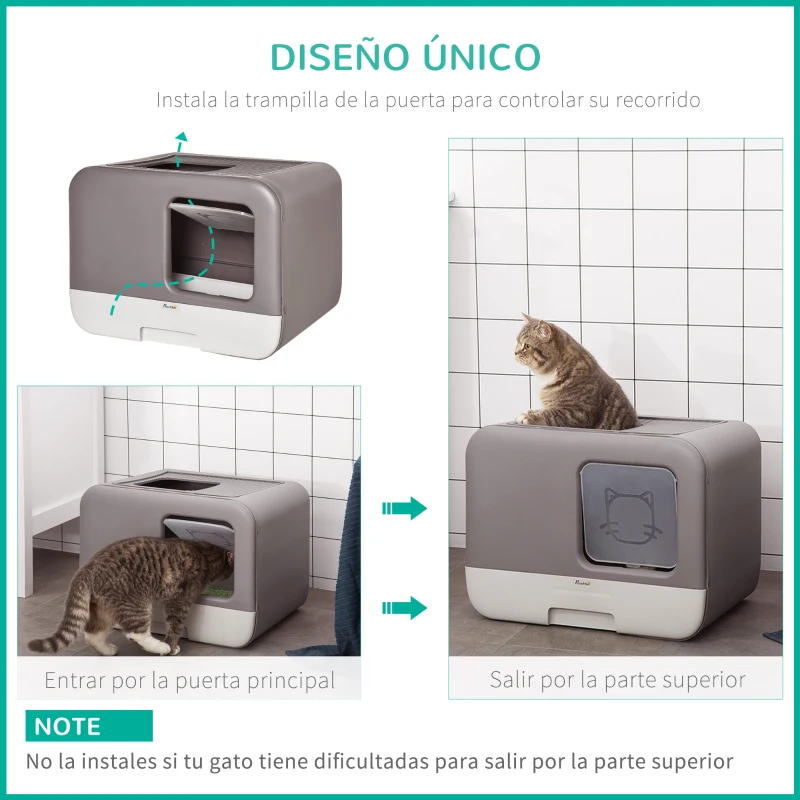 PawHut Caja de Arena para Gatos Arenero Cerrado para Gatos con Entrada Delantera Salida Superior Bandeja Extraíble y Pala 53x40x40 cm Gris Morado