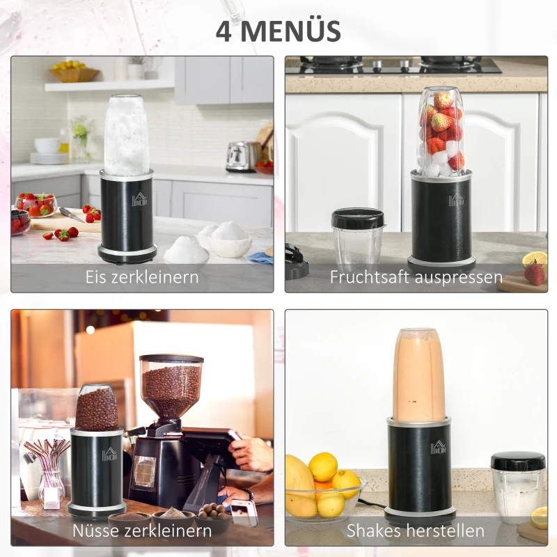 HOMCOM Standmixer mit 4-in-1 Funktion 1000W Küchenmixer mit 0,7L und 0,35L Mixbecher für Eis, Obst und Gemüse Spülmaschinefest Aluminium Schwarz 13,5 x 13,5 x 37,5 cm