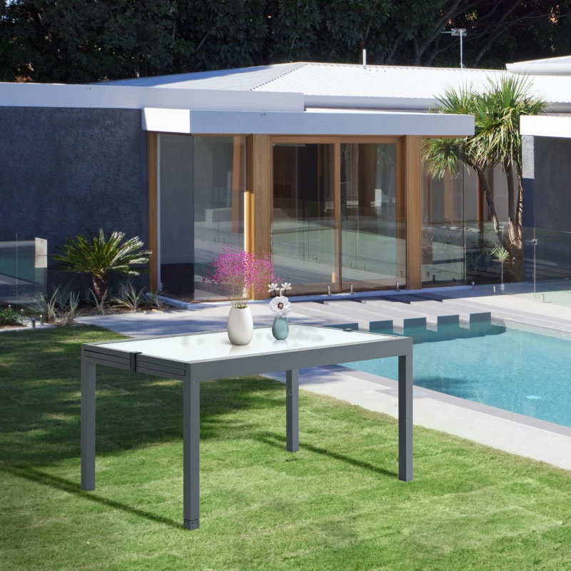Outsunny tuintafel uitschuifbare eettafel voor buiten met blad van gehard glas