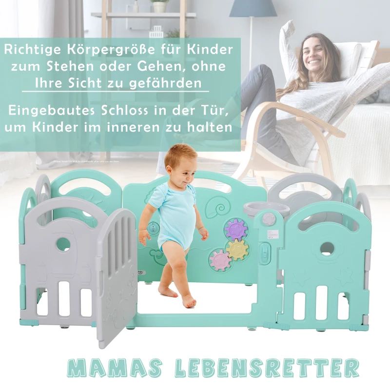 HOMCOM Kinderlaufgitter Schutzgitter Umkipp-Design HDPE-Material Faltbar für Baby 6-36 Monate 10 Stück 162 x 84 x 63 cm Grün