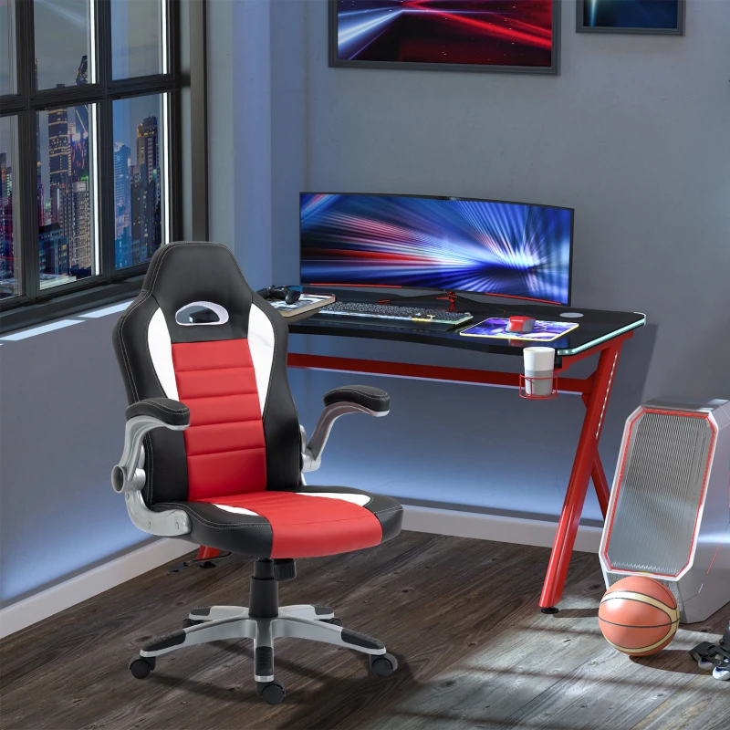 HOMCOM Home Office Chair Executive Height Adjustable Rolling Swivel Chair With Tilt Function PU Red 71W x 64D x 109-119H cm