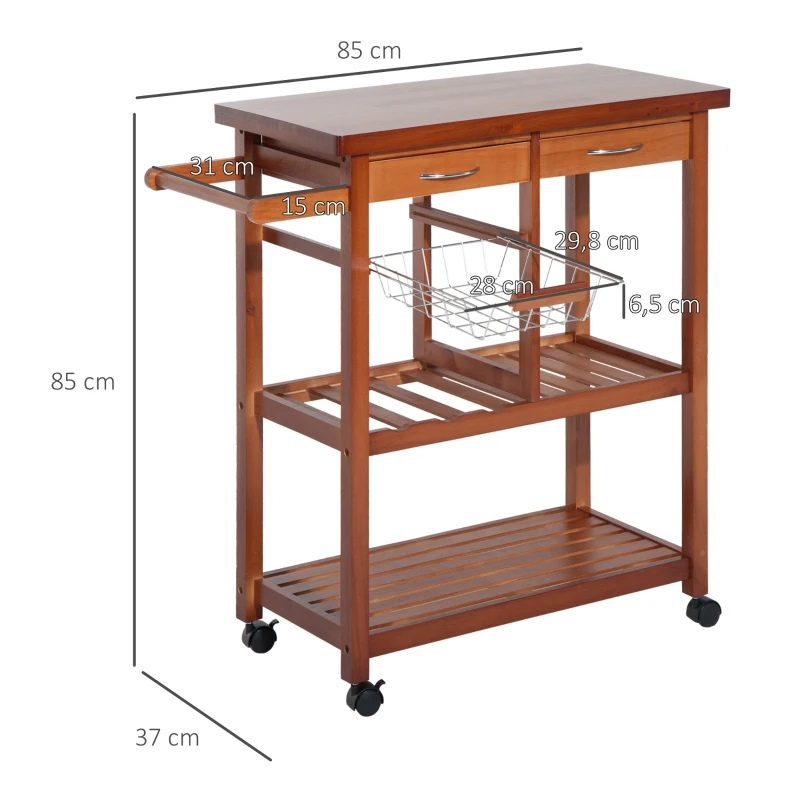 HOMCOM Carrinho de Cozinha de Madeira natural Madeira Metal 4 Rodas Gaveta Garrafeira  85x37x85 cm