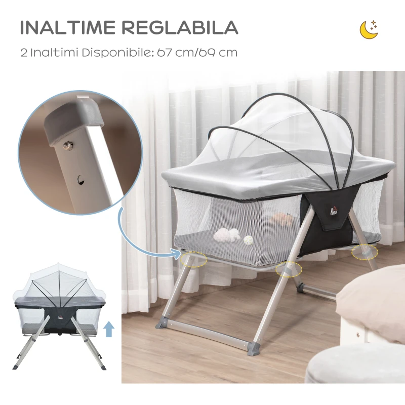 HOMCOM Cusuta portabila , leagan balansoar, patut de calatorie pliabil usor, reglabil pe inaltime, pentru nou-nascut, cu saltea, plasa de tantari si geanta de calatorie