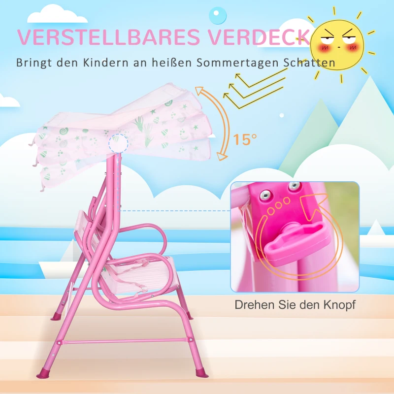 Outsunny kinderhangmat 2-zits kinderschommel met dak metaal roze
