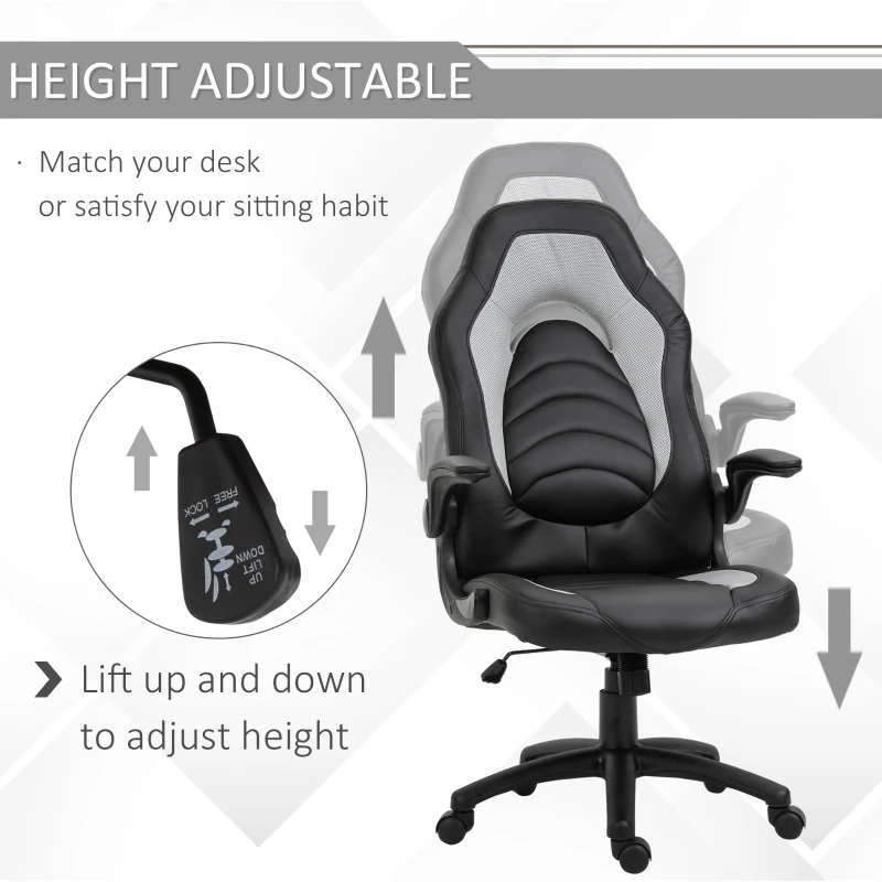 Vinsetto Racing Style Office Chair Faux Leather Breathable Mesh Adjustable Height Recliner with Wheels, Liftable Armrest, Grey