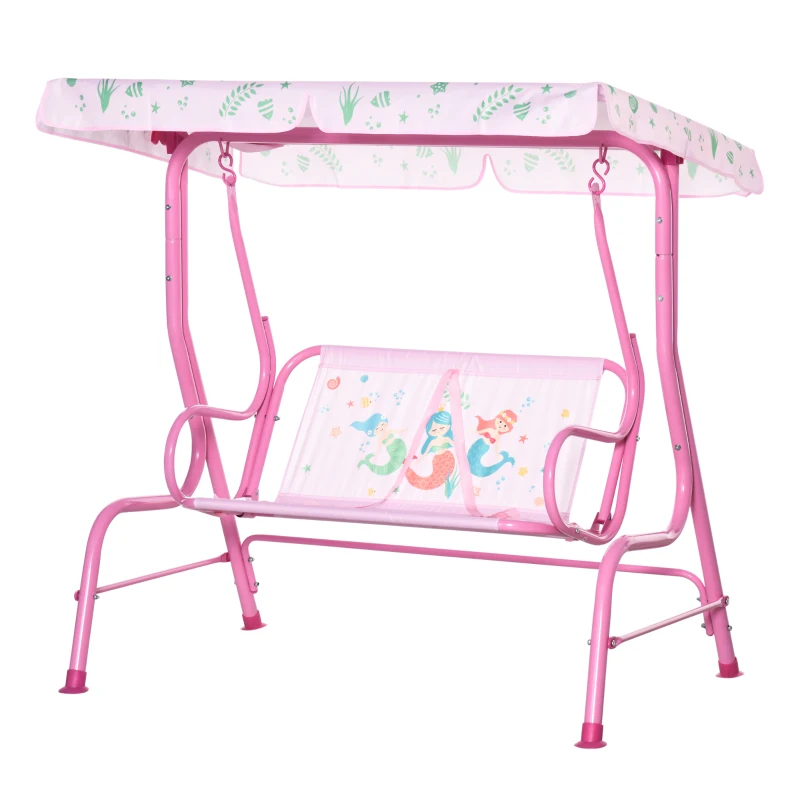 Outsunny kinderhangmat 2-zits kinderschommel met dak metaal roze