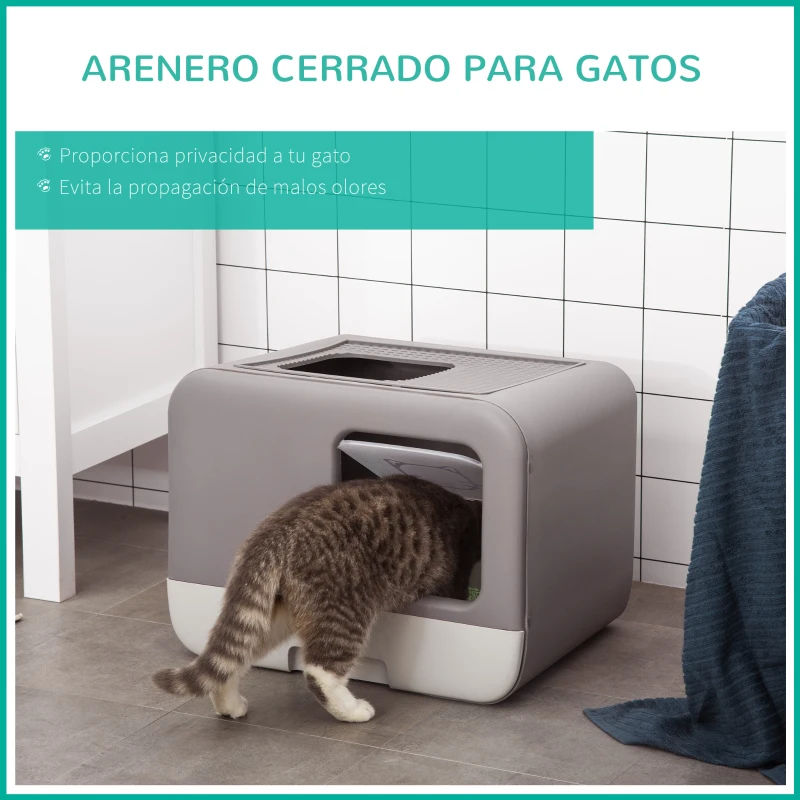 PawHut Caja de Arena para Gatos Arenero Cerrado para Gatos con Entrada Delantera Salida Superior Bandeja Extraíble y Pala 53x40x40 cm Gris Morado