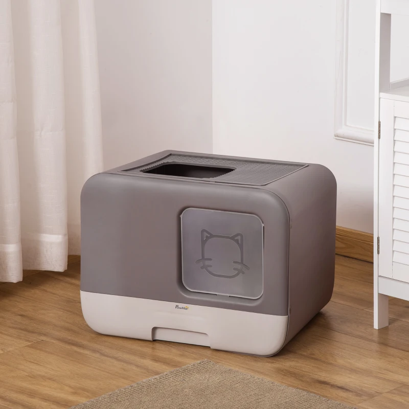 PawHut Caja de Arena para Gatos Arenero Cerrado para Gatos con Entrada Delantera Salida Superior Bandeja Extraíble y Pala 53x40x40 cm Gris Morado