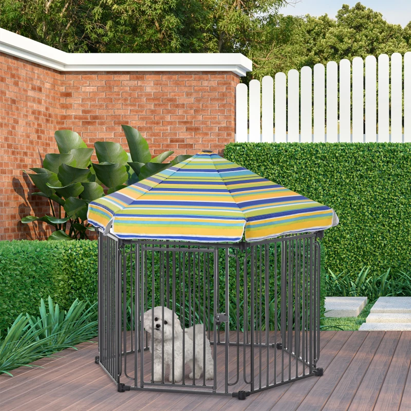 PawHut Parque para Animais de Estimação com 6 Barreiras de Metal 61x76cm Canil Desmontável para Cães com Teto Hexagonal e Porta com Fechadura de Segurança 122x105x119cm Preto e Colorido