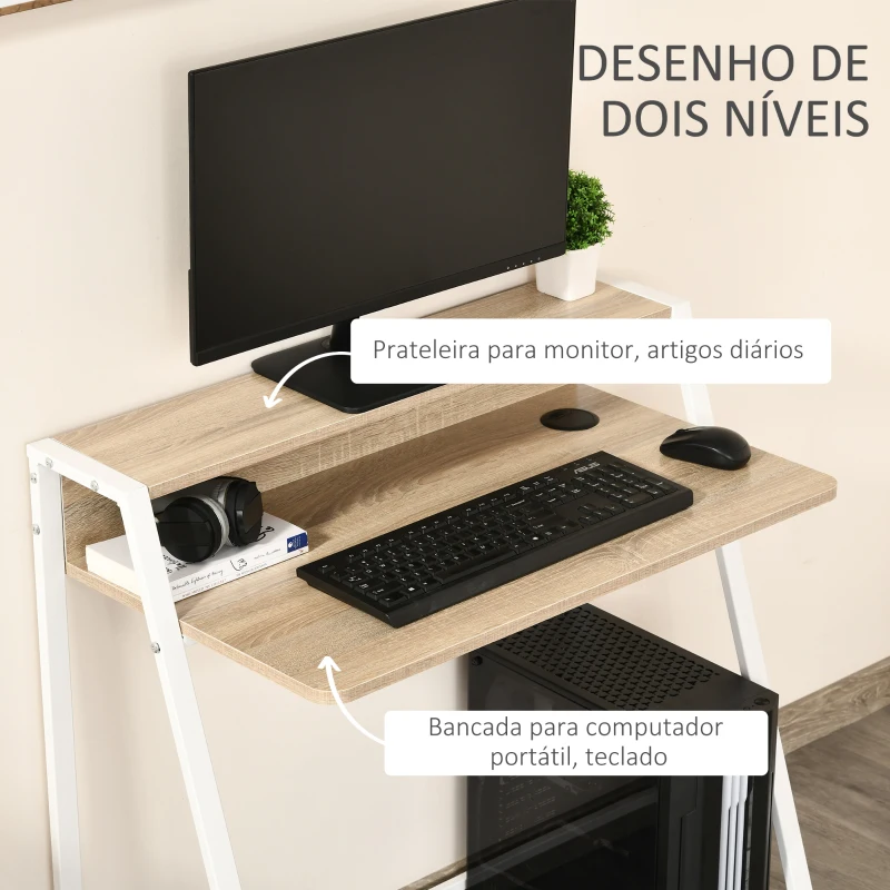 HOMCOM Secretária Mesa de Computador 84x45x85cm com Bancada de Madeira e Pés de Metal Estilo Moderno Carvalho e Branco