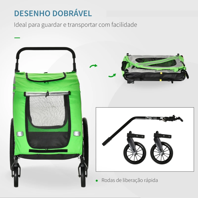 PawHut Reboque de Bicicleta para Cães 2 em 1 Transporte para Animais de Estimação com Porta Enrolável Janelas Cinto de Segurança Bandeira e 6 Refletores 140x72,5x108 cm  Verde