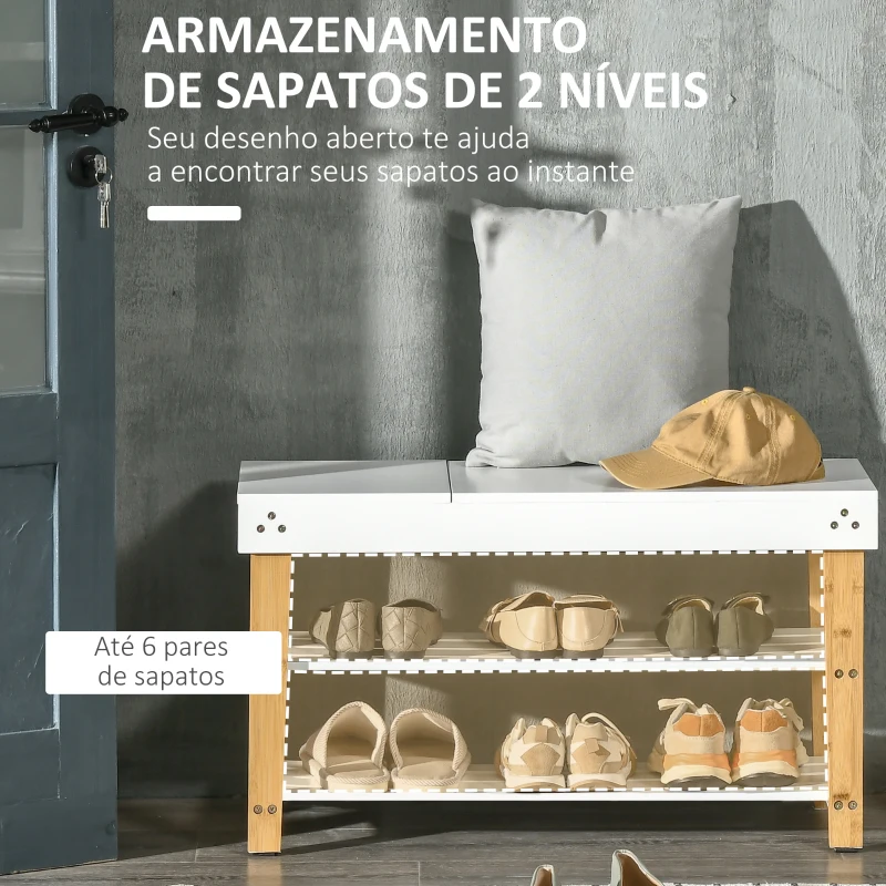 HOMCOM Banco Sapateira de Bambú Banco Sapateira com Baú de Armazenamento e 2 Prateleiras para 6 Sapatos 60x33x50cm Madeira e Branco