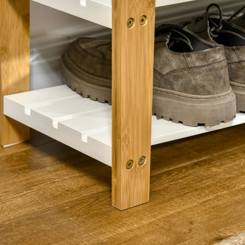 HOMCOM Banco Sapateira de Bambú Banco Sapateira com Baú de Armazenamento e 2 Prateleiras para 6 Sapatos 60x33x50cm Madeira e Branco